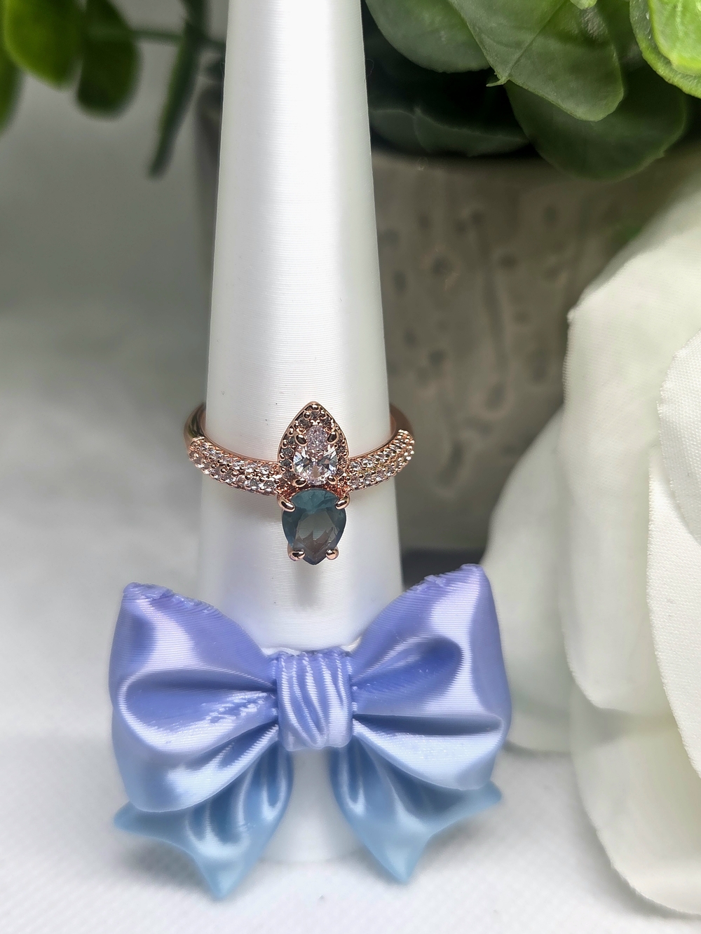 BP Rose Gold Teardrop Blue Stone Ring with Clear CZ And Pavé Accents